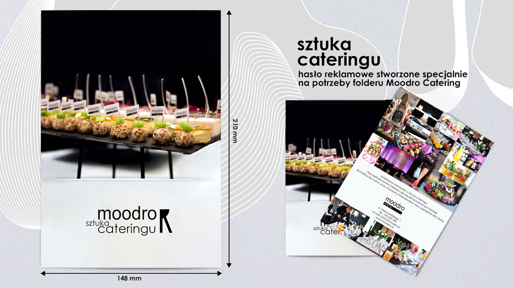 The view of the folder cover along with the dimensions and the motto - the art of catering