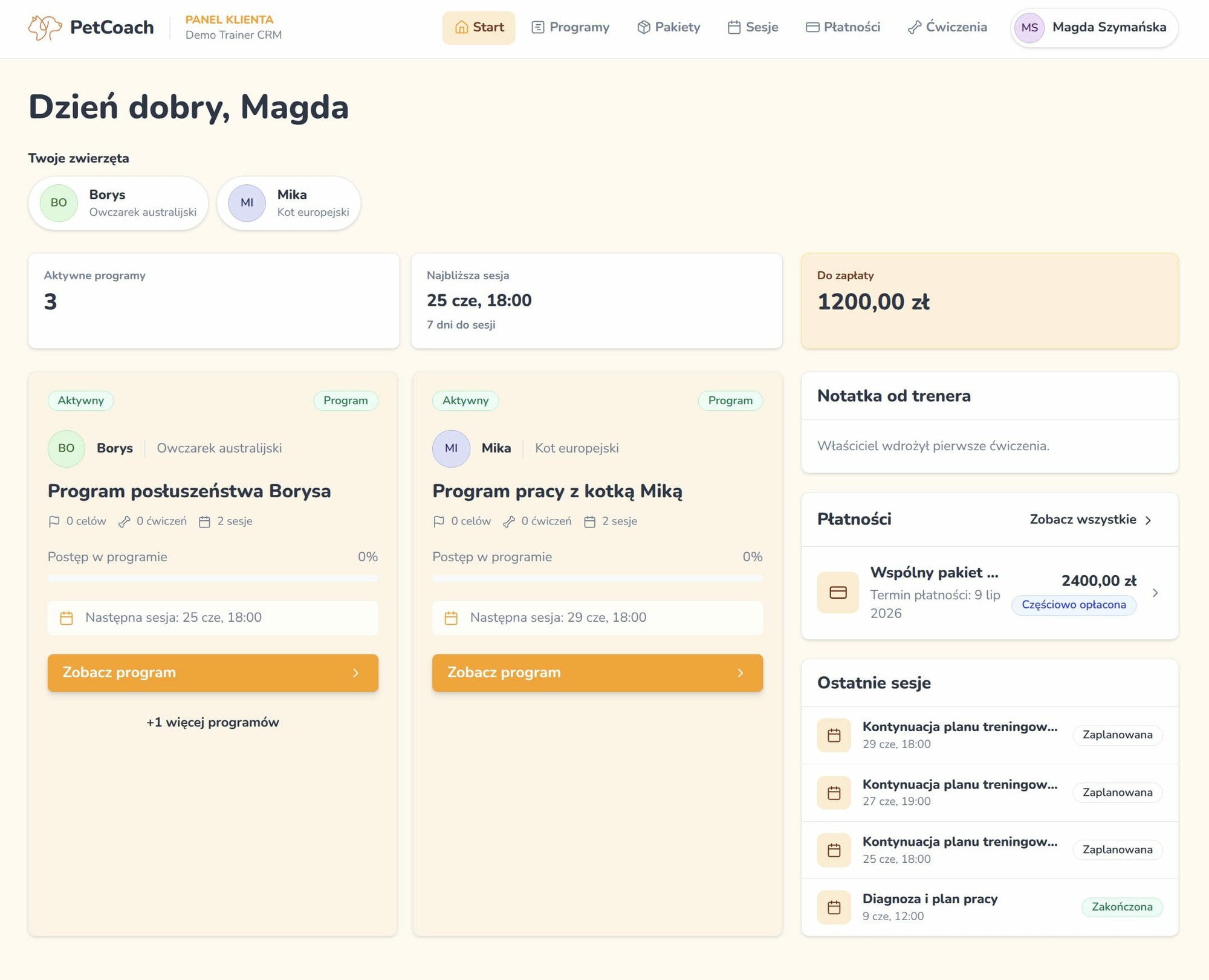 Portal klienta PetCoach: programy zwierząt, najbliższa sesja i kwota do zapłaty